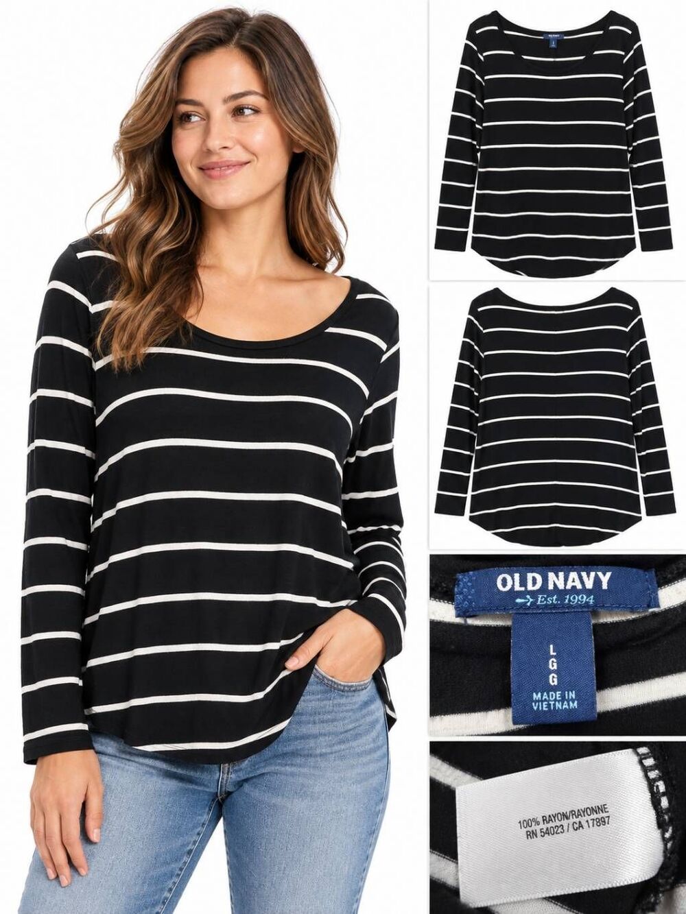 Old Navy L Black White Stripe Rayon Scoop Neck Top